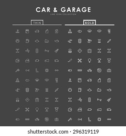 car and garage on bold and thin minimal outline icons concept