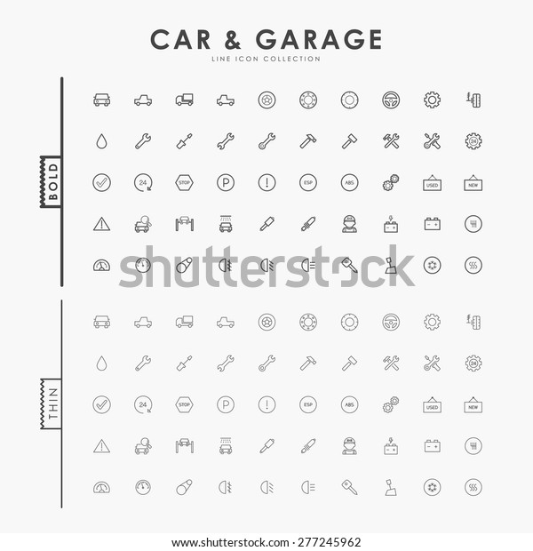 car and garage on bold and thin minimal line\
icons concept