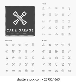 car and garage on thin, medium and bold minimal outline icon concept