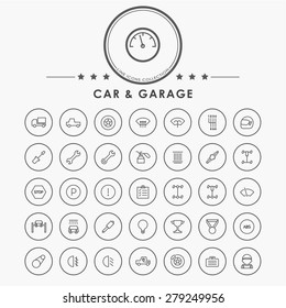 car and garage outline icons with circle button