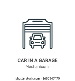 Camión en un icono vectorial de contorno de garaje. camión negro en línea delgada en un icono de garaje, vector plano ilustración de elemento simple de mecánicos editables concepto de trazo aislado en fondo blanco