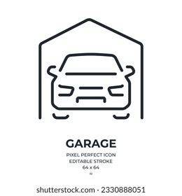 Car garage and parking editable stroke outline icon isolated on white background flat vector illustration. Pixel perfect. 64 x 64.