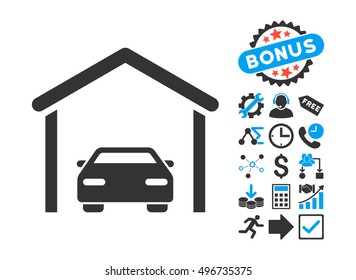 Car Garage pictograph with bonus symbols. Vector illustration style is flat iconic bicolor symbols, blue and gray colors, white background.