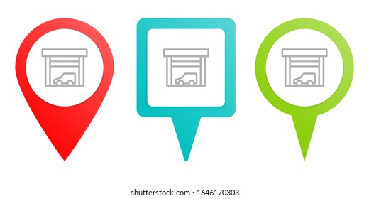 car, garage, pin vector icon. Multicolor pin vector icon, diferent type map and navigation point.