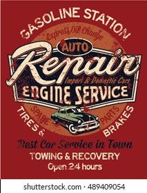 Car garage repair service, print for t shirt in custom colors, grunge effect in separate layer.