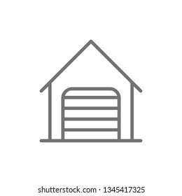 Car garage with roller shutter door line icon.