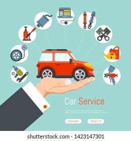 Car garage service repair station banner mechanic vehicle auto on hand concept vector illustration. Transportation technician mechanical inspection engine shop.