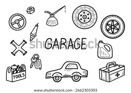 Car garage set. Hand drawn doodle vector. Vehicle repair business equipment. Mechanic tools. Tire change. Oil, spark plug, steering wheel, gasoline, wrench. Auto service. Illustration line art.