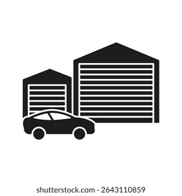 Coche y garaje sólido icono. Símbolo De Silueta De Instalación Automotriz, Almacenamiento Y Estacionamiento De Vehículos. Transporte E Infraestructura. Ilustración vectorial aislada.