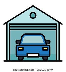 A car in a garage, symbolizing vehicle storage, maintenance, and home parking round line vector icon with editable stroke