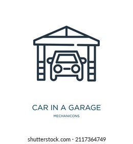 car in a garage thin line icon. auto, repair linear icons from mechanicons concept isolated outline sign. Vector illustration symbol element for web design and apps.