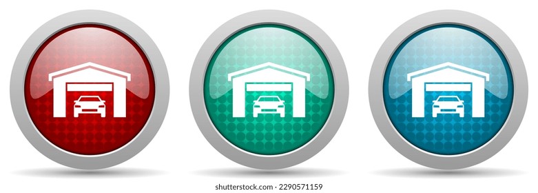 Coche en un conjunto de iconos vectoriales de garaje, lustrosa colección de botones web