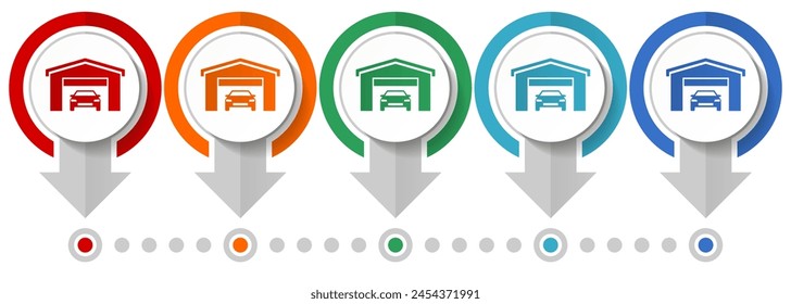 Coche en un conjunto de iconos de Vector de garaje, Plantilla infográfica de diseño plano, iconos de concepto de puntero en 5 opciones de color para el diseño web y aplicaciones móviles