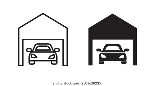 Icono del Vector del garaje del coche en estilo sólido y del contorno