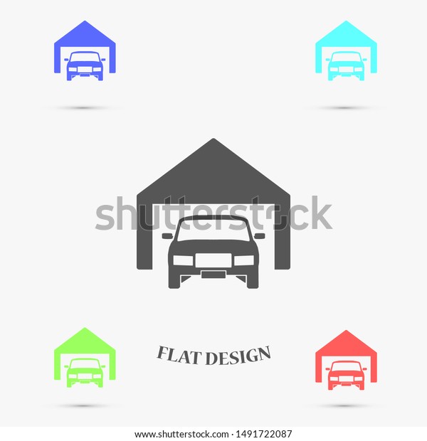 Car garage vector icon. Car in garage icon. Car\
under the protection of a badge. auto home icon.Car 10 EPS and\
Lorem Ipsum. flat design\
icon.
