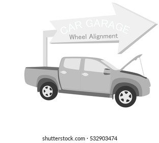 Car garage and wheel alignment service vector silhouette background