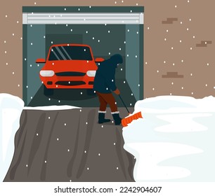 The car is in the garage in winter, big snowdrifts. A man removes snow with a shovel from the roadway. Vector illustration.