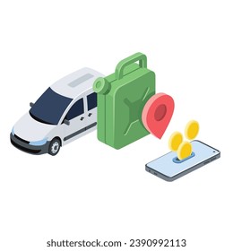 Car, gas can, geolocation tag, coins payment. Vector 3d isometric, color web icons, new flat style. Creative design idea for infographics.