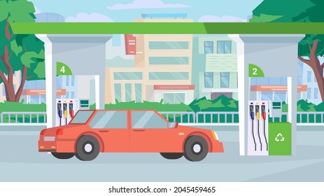 Car at gas station concept in flat cartoon design. Station exterior, refueling facility service, city street with trees. Urban infrastructure, transportation. Vector illustration horizontal background