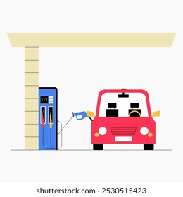 Car at gas station in flat vector illustration symbolizing refueling, energy, and transportation, isolated on white background.