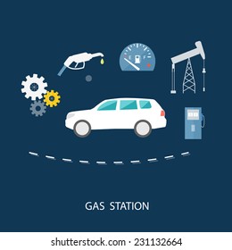 Car in gas station. Fuel petrol dispenser pump handles and pillars. Fueling in flat design style