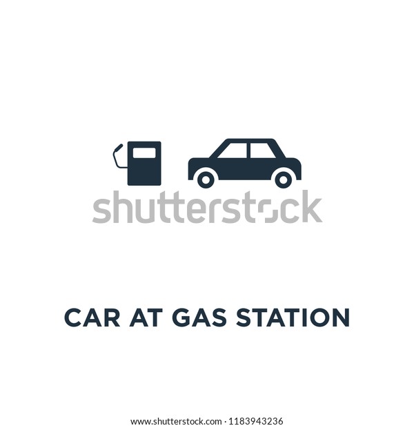 Car at Gas Station icon. Black filled vector\
illustration. Car at Gas Station symbol on white background. Can be\
used in web and mobile.