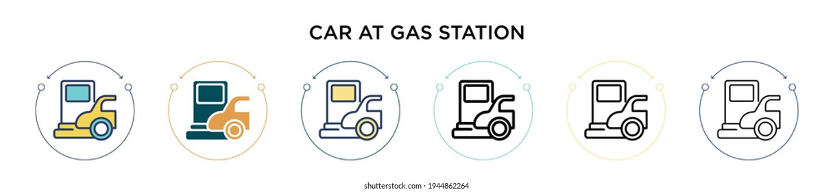 Car at gas station icon in filled, thin line, outline and stroke style. Vector illustration of two colored and black car at gas station vector icons designs can be used for mobile, ui, web
