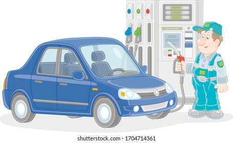 Car at a gas station with a refueling worker holding a fuel nozzle near a dispenser, vector cartoon illustration isolated on a white background svg