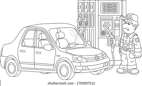 Car at a gas station with a refueling worker holding a fuel nozzle near a dispenser, black and white outline vector cartoon illustration for a coloring book page svg