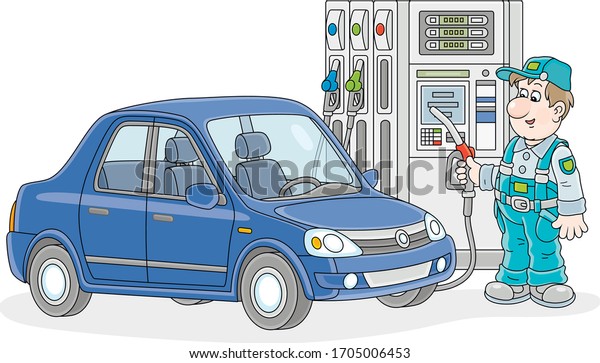 Car at a gas station with a refueling worker\
holding a fuel nozzle near a dispenser, vector cartoon illustration\
isolated on a white\
background
