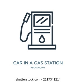 car in a gas station thin line icon. fuel, gas linear icons from mechanicons concept isolated outline sign. Vector illustration symbol element for web design and apps.