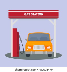Car at a Gas Station. Transportation Industry. Flat Design Style. Vector illustration