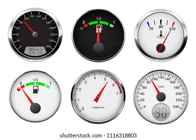 Car gauges set - speedometer, tachometer and fuel meter. Vector 3d illustration isolated on white background