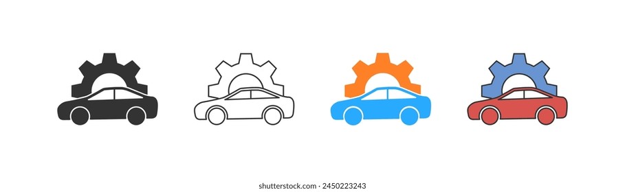 Car with gear mechanical problem. Repair service, auto mechanic work symbol. Line, flat and colored vector icon set.