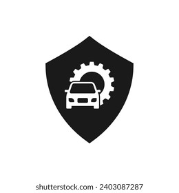 Coche con equipo y escudo. Icono plano de protección de la máquina automovilística aislado en fondo blanco. Ilustración del vector