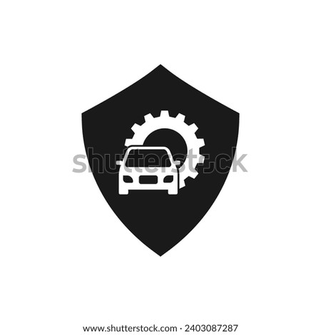 Car with gear and shield. Automobile machine protection flat icon isolated on white background. Vector illustration
