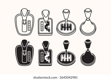 Ícones de mudança de marcha de carro em estilo de contorno e silhueta. conjunto de símbolos de peça de transmissão automotiva. manual e automática embreagem botão vetor ilustração pack