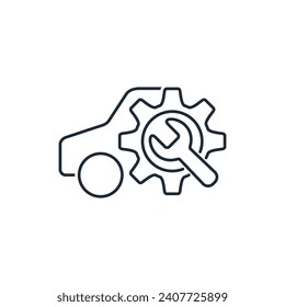 Car and gear with wrench. Automobile service center.Vector linear icon illustration isolated on white background.