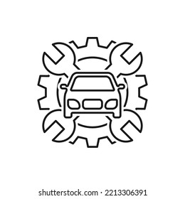 Car With Gear And Wrench, Mechanic, Automotive Repair Icon Flat Style Isolated On White Background. Vector Illustration