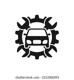 Car With Gear And Wrench, Mechanic, Automotive Repair Icon Flat Style Isolated On White Background. Vector Illustration