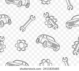 Car, gear and wrench, seamless vector background and pattern. Transport, transportation, cogwheel, gear wheel and spanner, vector design and illustration