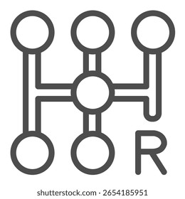 Ícone da linha da caixa de velocidades do carro, conceito da carta de condução. Gráficos vetoriais. Deslocamento manual da transmissão do veículo, sinal do transporte do motor no fundo branco, ícone do estilo do esboço para o projeto móvel ou web