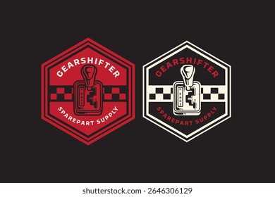 car gearshift retro badge design. vintage mechanical shifter emblem with racing accent. bold gearshift spare part illustration patch design for automotive, garage, racing merchandise and branding