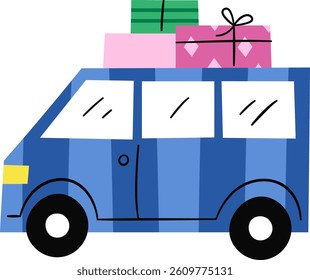 A car with geometric shapes carries presents on its roof in a playful style. The vehicle is depicted with stacked packages, emphasizing a festive journey. Cartoon vector illustration.
