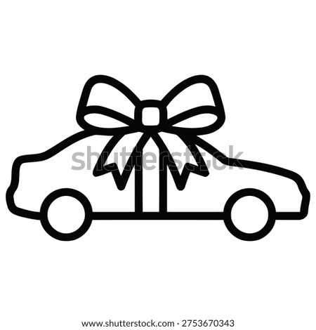 Car with a gift bow, symbolizing a surprise or special vehicle purchase, isolated on white background, special offer, line art