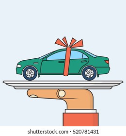 Car gift concept. Man holding a tray of auto with red ribbon. Vector illustration minimal flat design. Best offer cars for sale, rent, template. Isolated on background. Presentation, show vehicle.