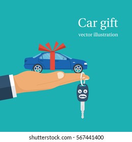 Car gift concept. Man holding in hand on palm auto with red ribbon. Vector illustration flat design. Best offer cars for sale, rent, template. Isolated on background. Presentation, show vehicle.