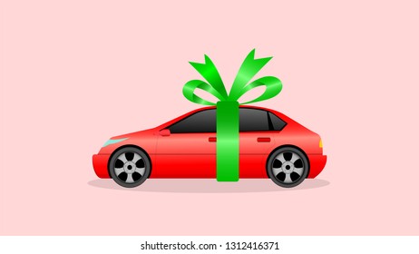 Car as a gift with green ribbon vector illustration. 