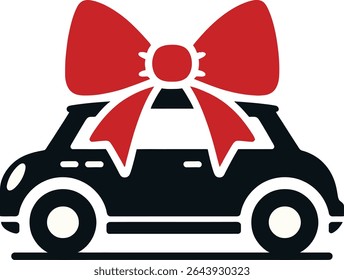 Car Gift Icon Silhouette with Ribbon Bow in Minimalist Style
