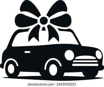 Car Gift Icon Silhouette with Ribbon Bow in Minimalist Style